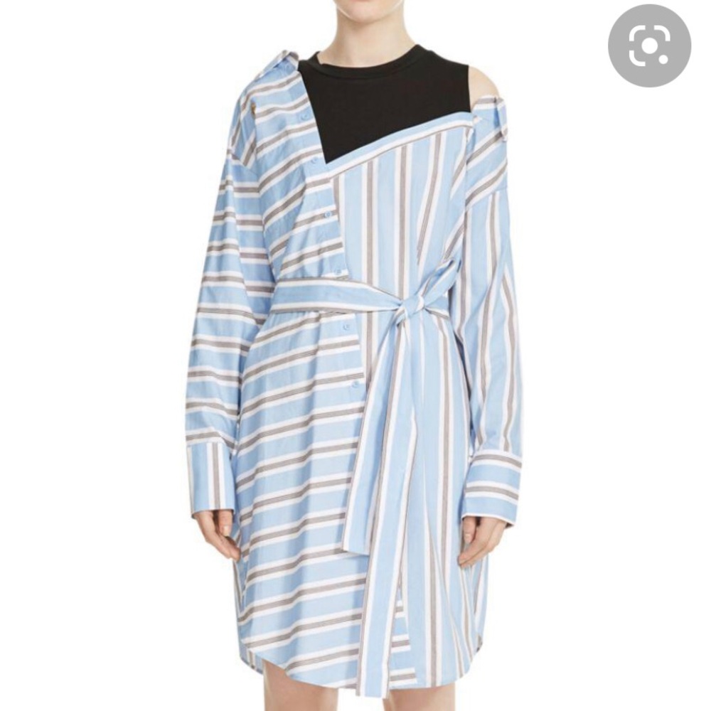 Maje Blue Riavi Asymmetric Striped Shirt Dress